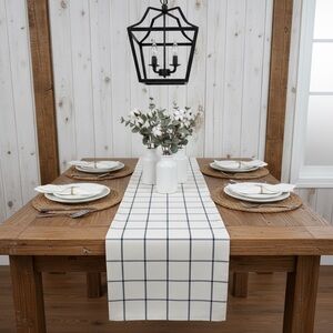Classic Ivory and Navy Grid Table Runner - Home Dining 14”in X 72”in.